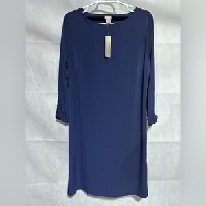 NWT Chicos 2 Size 12-14 Slinky Stretch Navy Blue 3/4 Ruched Sleeve Sheath Dress
